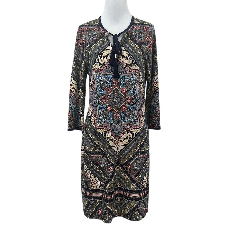 Sandra Darren Dress Womens 6 Gold Blue Ikat Print Boho 3/4 Sleeve Stretchy